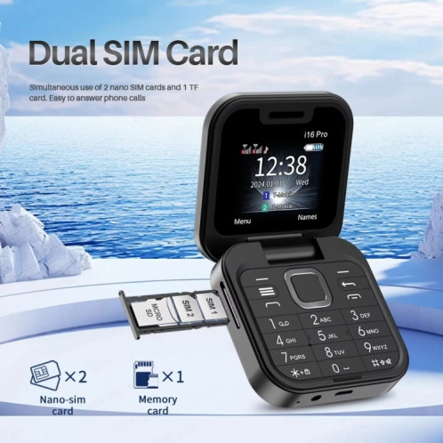 Téléphone à clapet mini SERVO i16 Pro, 1,77 pouces, MTK6261D, 23 touches, prise en charge Bluetooth, FM, Magic Sound, numérotation rapide, GSM, double SIM (noir) SS636B483-08