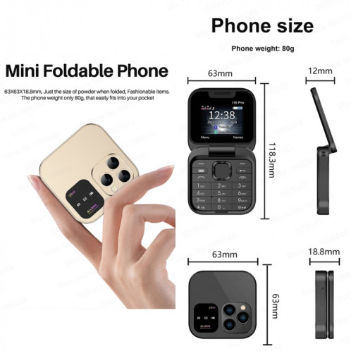 Téléphone à clapet mini SERVO i16 Pro, 1,77 pouces, MTK6261D, 23 touches, prise en charge Bluetooth, FM, Magic Sound, numérotation rapide, GSM, double SIM (noir) SS636B483-08