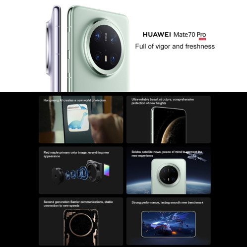 HUAWEI Mate 70 Pro, 12 Go + 1 To, Harmony AI, identification d'empreintes digitales 3D du visage et du côté, 6,9 pouces HarmonyOS 4.3, NFC, OTG, ne prend pas en charge Google Play (vert) SH643G539-018