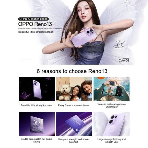 Téléphone OPPO Reno13 AI, 16 Go + 256 Go, écran empreinte digitale, 6,59 pouces ColorOS 15.0 Dimensity 8350 Octa Core, NFC, OTG, réseau : 5G (bleu) SO662L270-018