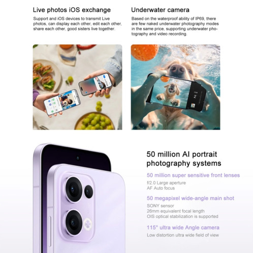 Téléphone OPPO Reno13 AI, 16 Go + 256 Go, écran empreinte digitale, 6,59 pouces ColorOS 15.0 Dimensity 8350 Octa Core, NFC, OTG, réseau : 5G (bleu) SO662L270-018