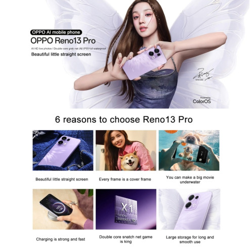 Téléphone OPPO Reno13 Pro AI, 12 Go + 256 Go, écran avec lecteur d'empreintes digitales, 6,83 pouces ColorOS 15.0 Dimensity 8350 Octa Core, NFC, OTG, réseau : 5G (noir) SO666B435-018