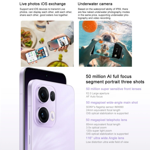 Téléphone OPPO Reno13 Pro AI, 16 Go + 1 To, écran empreinte digitale, 6,83 pouces ColorOS 15.0 Dimensity 8350 Octa Core, NFC, OTG, réseau : 5G (noir) SO669B430-018