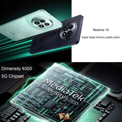 Realme 13, 12 Go + 512 Go, identification par empreinte digitale latérale, 6,72 pouces Realme UI 5.0 Dimensity 6300 5G Octa Core, réseau : 5G (vert) SR670G1123-016