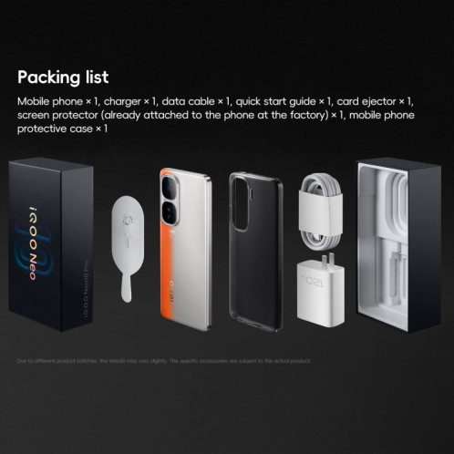 vivo iQOO Neo10 Pro, 12 Go + 256 Go, Face ID / Identification par empreinte digitale à l'écran, 6,78 pouces Android 15 OriginOS 5 Dimensity 9400 Octa Core, OTG, NFC, Réseau : 5G, Prise en charge de Google Play (Noir) SV688B319-013