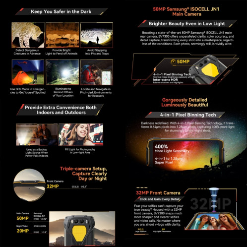  Téléphone robuste Blackview BV7300, 6 Go + 256 Go, IP68/IP69K/MIL-STD-810H, 6,67 pouces Android 14 MediaTek Helio G81 MT6769V/CB Octa Core, réseau : 4G, OTG (noir) SB689B238-015