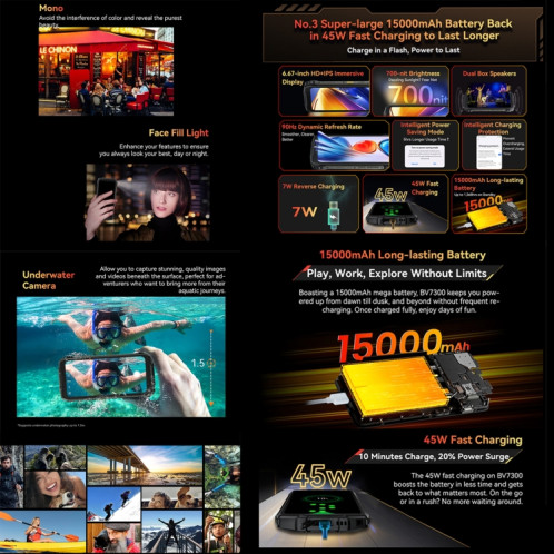  Téléphone robuste Blackview BV7300, 6 Go + 256 Go, IP68/IP69K/MIL-STD-810H, 6,67 pouces Android 14 MediaTek Helio G81 MT6769V/CB Octa Core, réseau : 4G, OTG (noir) SB689B238-015