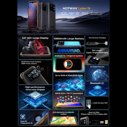 HOTWAV CYBER 13, téléphone robuste IP68/IP69K, 8 Go + 128 Go, 10800 mAh, 6,6 pouces Android 14.0 Unisoc T606 Octa Core, réseau : 4G, NFC, OTG (noir) SH708B176-015
