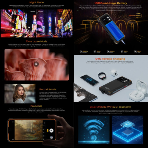 HOTWAV CYBER 13, téléphone robuste IP68/IP69K, 8 Go + 128 Go, 10800 mAh, 6,6 pouces Android 14.0 Unisoc T606 Octa Core, réseau : 4G, NFC, OTG (orange) SH708E1319-015