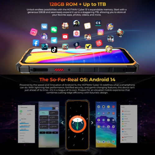 HOTWAV CYBER 13, téléphone robuste IP68/IP69K, 8 Go + 128 Go, 10800 mAh, 6,6 pouces Android 14.0 Unisoc T606 Octa Core, réseau : 4G, NFC, OTG (orange) SH708E1319-015