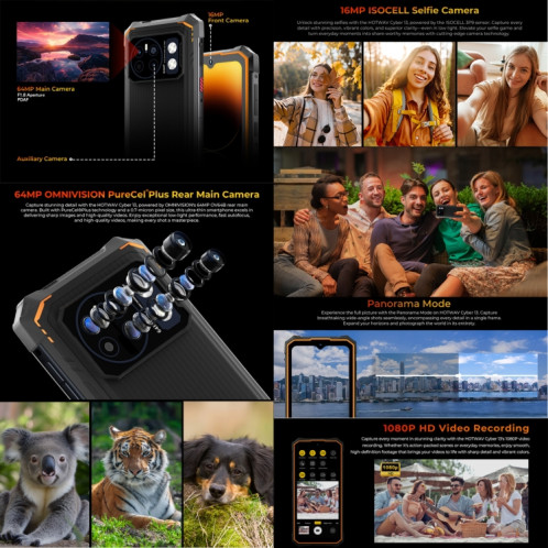 HOTWAV CYBER 13, téléphone robuste IP68/IP69K, 8 Go + 128 Go, 10800 mAh, 6,6 pouces Android 14.0 Unisoc T606 Octa Core, réseau : 4G, NFC, OTG (orange) SH708E1319-015