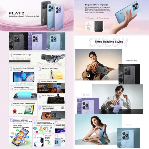  Blackview Oscal FLAT 2, 4 Go + 256 Go, 6,6 pouces Android 14 Unisoc T606 Octa Core, Réseau : 4G (Ripple Blue) SB728L1812-010