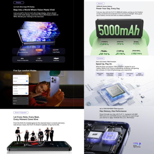  Blackview Oscal FLAT 2, 4 Go + 256 Go, 6,6 pouces Android 14 Unisoc T606 Octa Core, Réseau : 4G (Ripple Blue) SB728L1812-010