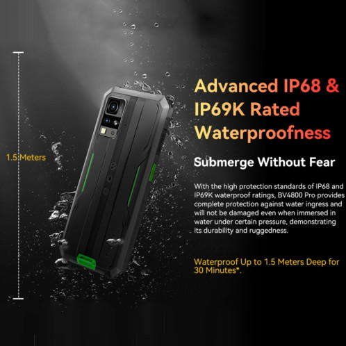  Blatskviev BV4800 Pro, N&B + 128 Go, IP68/IPSHYAK/MIL-STD-810X, avec 56 pouces Android 14 Unisoc T606 Vinaigre, Réseau : ChG, OTG (Vert) SB774G1199-013