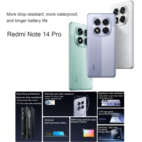 Xiaomi Redmi Note 14 Pro, 12 Go + 256 Go, 6,67 pouces Xiaomi HyperOS Mediatek Dimensity 7300-Ultra Octa Core, NFC, Réseau : 5G (Violet) SX783P1029-011