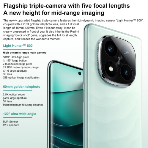 Xiaomi Redmi Note 14 Pro+, 12 Go + 256 Go, 6,67 pouces Xiaomi HyperOS Snapdragon 7s Gen 3 Octa Core, NFC, Réseau : 5G (Vert) SX785G1589-013