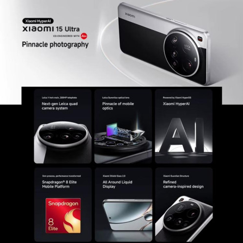  Xiaomi 15 Ultra Global, 16 Go + 1 To, lecteur d'empreintes digitales ultrasonique 3D, appareil photo 200 Mpx, écran 6,73 pouces, processeur Snapdragon 8 Elite Octa Core 3 nm, NFC, réseau 5G (argent) SX796S273-021