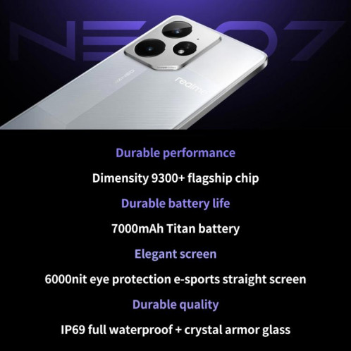 Realme Neo7, 12 Go + 512 Go, 6,78 pouces Android 15 / Realme UI 6.0 MediaTek Dimensity 9300+ Octa Core, NFC, Réseau : 5G, Prise en charge de Google Play (Bleu) SR816L128-023