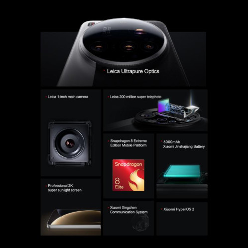 Xiaomi 15 Ultra, 12 Go + 256 Go, empreinte digitale ultrasonique 3D, appareil photo 200 MP, 6,73 pouces Xiaomi HyperOS 2 Snapdragon 8 Elite Octa Core 3 nm, NFC, réseau : 5G (noir) SX832B281-024