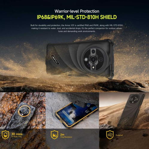  Ulefone Armor X31, 6 Go + 128 Go, vision nocturne, téléphone robuste IP68/IP69K, 6,56 pouces Android 14 MediaTek Helio G91 Octa Core, réseau : 4G, NFC, OTG (Orange) SU840E1296-021