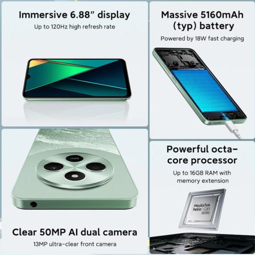  Xiaomi POCO C75 Global, 8 Go + 256 Go, lecteur d'empreintes digitales latéral, 6,88 pouces Xiaomi HyperOS MediaTek Helio G81-Ultra Octa Core, NFC, réseau : 4G (vert) SX841G725-09