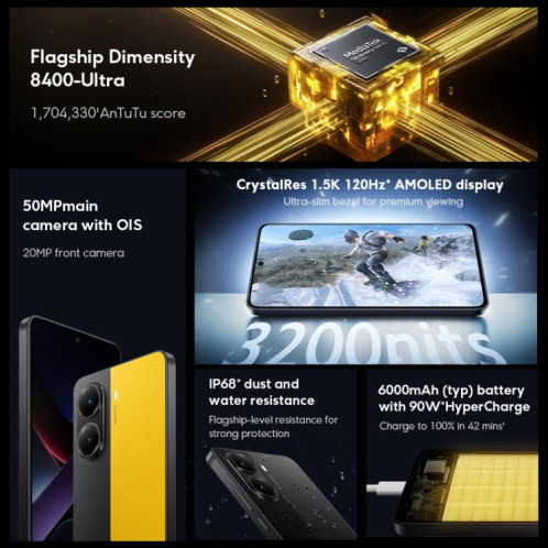  Xiaomi POCO X7 Pro 5G Global, 12 Go + 512 Go, lecteur d'empreintes digitales intégré à l'écran, 6,67 pouces Xiaomi HyperOS 2 MediaTek Dimensity 8400-Ultra Octa Core, NFC, réseau : 5G (noir) SX843B1832-011