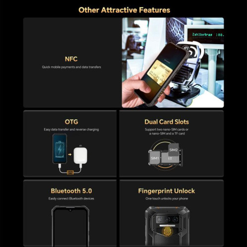  Téléphone robuste Oukitel WP23 Plus, 8 Go + 256 Go, 6,52 pouces, Android 14.0, Unisoc T606 Octa-core, NFC, OTG, réseau 4G (noir) SO866B871-015