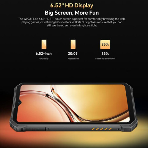 Téléphone robuste Oukitel WP23 Plus, 8 Go + 256 Go, 6,52 pouces, Android 14.0, Unisoc T606 Octa-core, NFC, OTG, réseau 4G (noir) SO866B871-015