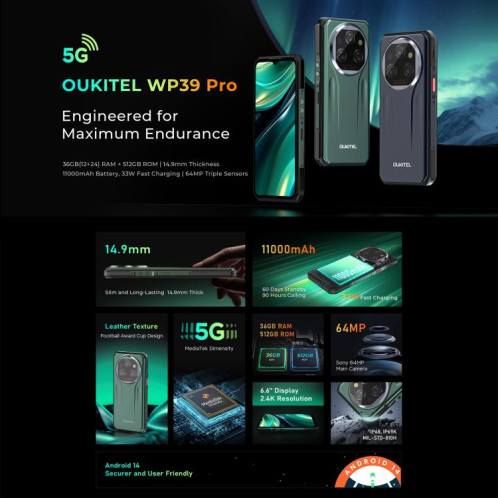  Téléphone robuste Oukitel WP39 Pro 5G, 12 Go + 512 Go, vision nocturne, reconnaissance d'empreintes digitales, écran 6,6 pouces, Android 14, MediaTek Dimensity 6300 Octa Core, NFC, OTG, réseau 5G SO867G1750-014