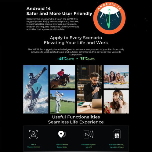  Téléphone robuste Oukitel WP39 Pro 5G, 12 Go + 512 Go, vision nocturne, reconnaissance d'empreintes digitales, écran 6,6 pouces, Android 14, MediaTek Dimensity 6300 Octa Core, NFC, OTG, réseau 5G SO867G1750-014