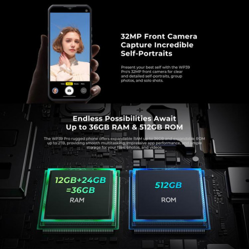  Téléphone robuste Oukitel WP39 Pro 5G, 12 Go + 512 Go, vision nocturne, reconnaissance d'empreintes digitales, écran 6,6 pouces, Android 14, MediaTek Dimensity 6300 Octa Core, NFC, OTG, réseau 5G SO867G1750-014