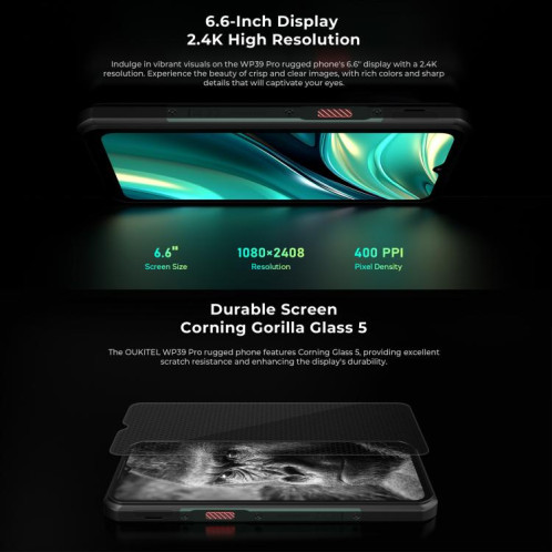  Téléphone robuste Oukitel WP39 Pro 5G, 12 Go + 512 Go, vision nocturne, reconnaissance d'empreintes digitales, écran 6,6 pouces, Android 14, MediaTek Dimensity 6300 Octa Core, NFC, OTG, réseau 5G SO867G1750-014
