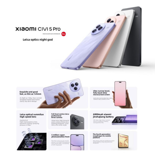 Xiaomi Civi 5 Pro, 12 Go + 512 Go, écran 6,55 pouces, lecteur d'empreintes digitales, processeur Snapdragon 8s Gen 4 Octa-Core, NFC, réseau 5G (noir) SX874B1675-019