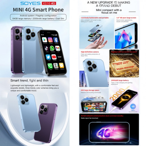 SOYES XS16, 2 Go + 16 Go, 3,0 pouces Android 10.0 MTK6737 Quad Core, Bluetooth, WiFi, Réseau : 4G, Double SIM, Prise en charge de Google Play Store (Bleu) SS875L449-013