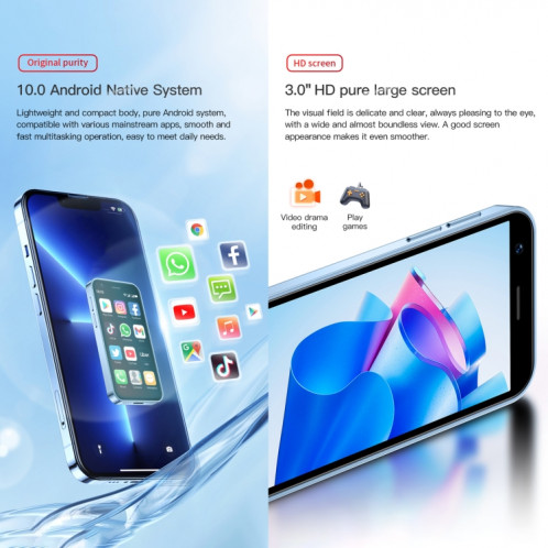 SOYES XS16, 2 Go + 16 Go, 3,0 pouces Android 10.0 MTK6737 Quad Core, Bluetooth, WiFi, Réseau : 4G, Double SIM, Prise en charge de Google Play Store (Bleu) SS875L449-013