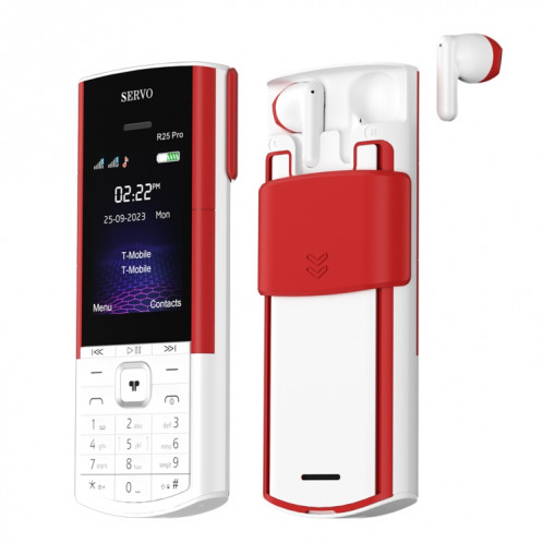 Téléphone portable SERVO R25 Pro avec casques Bluetooth TWS, 2,4 pouces, 24 touches, prise en charge Bluetooth, numérotation rapide, réponse automatique, FM, lampe de poche, GSM, double SIM (blanc rouge) SS879W1133-09