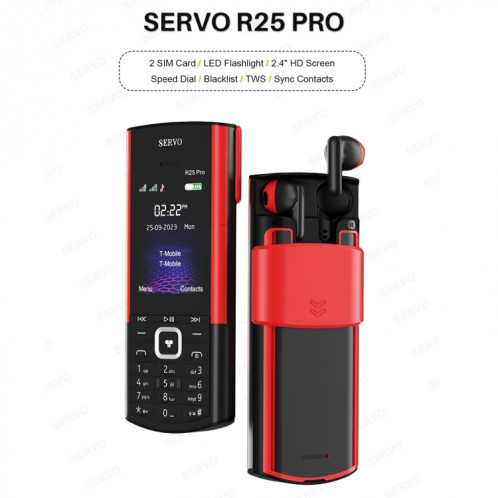 Téléphone portable SERVO R25 Pro avec casques Bluetooth TWS, 2,4 pouces, 24 touches, prise en charge Bluetooth, numérotation rapide, réponse automatique, FM, lampe de poche, GSM, double SIM (blanc rouge) SS879W1133-09