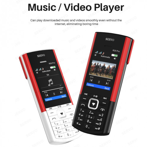 Téléphone portable SERVO R25 Pro avec casques Bluetooth TWS, 2,4 pouces, 24 touches, prise en charge Bluetooth, numérotation rapide, réponse automatique, FM, lampe de poche, GSM, double SIM (blanc rouge) SS879W1133-09