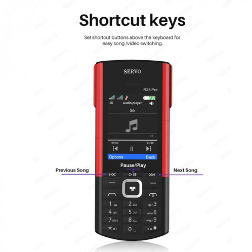 Téléphone portable SERVO R25 Pro avec casques Bluetooth TWS, 2,4 pouces, 24 touches, prise en charge Bluetooth, numérotation rapide, réponse automatique, FM, lampe de poche, GSM, double SIM (blanc rouge) SS879W1133-09
