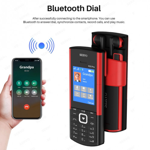 Téléphone portable SERVO R25 Pro avec casques Bluetooth TWS, 2,4 pouces, 24 touches, prise en charge Bluetooth, numérotation rapide, réponse automatique, FM, lampe de poche, GSM, double SIM (blanc rouge) SS879W1133-09
