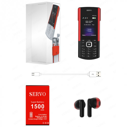 Téléphone portable SERVO R25 Pro avec casques Bluetooth TWS, 2,4 pouces, 24 touches, prise en charge Bluetooth, numérotation rapide, réponse automatique, FM, lampe de poche, GSM, double SIM (blanc rouge) SS879W1133-09
