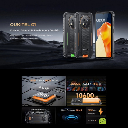  Téléphone robuste Oukitel G1, 6 Go + 256 Go, identification par empreinte digitale, 6,52 pouces Android 14 T606 Octa Core, NFC, OTG, réseau : 4G (vert) SO881G423-010