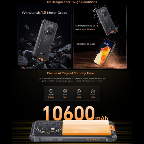  Téléphone robuste Oukitel G1, 6 Go + 256 Go, identification par empreinte digitale, 6,52 pouces Android 14 T606 Octa Core, NFC, OTG, réseau : 4G (Orange) SO881E174-010