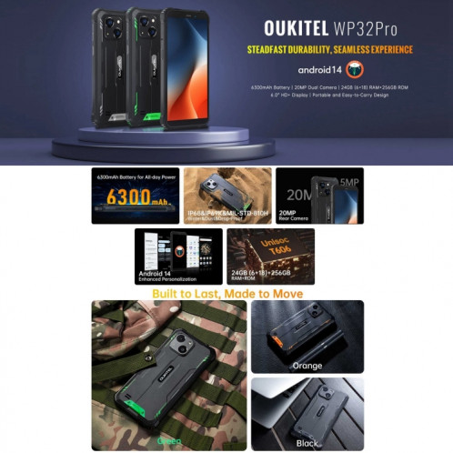  Oukitel WP32 Pro, 6 Go + 256 Go, 6,0 pouces Android 14 T606 Octa Core, OTG, Réseau : 4G (Noir) SO882B1661-014