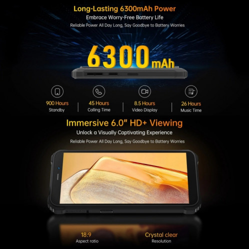  Oukitel WP32 Pro, 6 Go + 256 Go, 6,0 pouces Android 14 T606 Octa Core, OTG, Réseau : 4G (Noir) SO882B1661-014