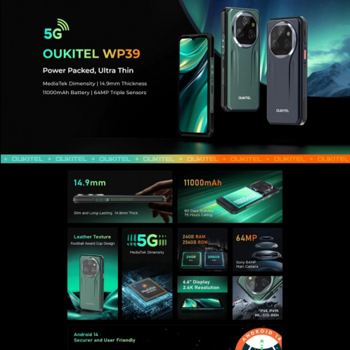  Téléphone robuste Oukitel WP39 Pro 5G, 6 Go + 256 Go, vision nocturne, identification par empreinte digitale, 6,6 pouces MediaTek Dimensity 6100+ Octa Core, NFC, OTG, réseau : 5G (noir) SO883B711-012