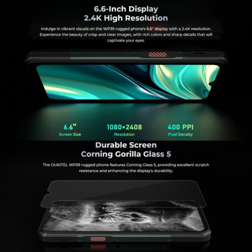  Téléphone robuste Oukitel WP39 Pro 5G, 6 Go + 256 Go, vision nocturne, identification par empreinte digitale, 6,6 pouces MediaTek Dimensity 6100+ Octa Core, NFC, OTG, réseau : 5G (vert) SO883G1398-012