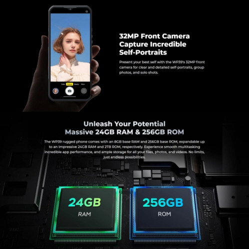  Téléphone robuste Oukitel WP39 Pro 5G, 6 Go + 256 Go, vision nocturne, identification par empreinte digitale, 6,6 pouces MediaTek Dimensity 6100+ Octa Core, NFC, OTG, réseau : 5G (noir) SO883B711-012