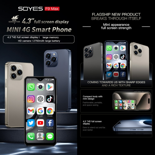 SOYES F9 Max, 6 Go + 128 Go, 4,3 pouces Android 12 MTK6762 Octa Core, Réseau : 4G, OTG, Double SIM (Noir) SS886B1394-013
