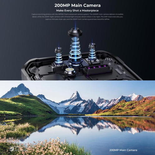 Oukitel WP100 TITAN 5G Smartphone robuste avec projecteur, 16 Go + 512 Go, appareil photo 200 Mpx, identification par empreinte digitale, écran 6,8 pouces, Android 14, MediaTek Dimensity 7300 Octa Core, SO890B1148-020